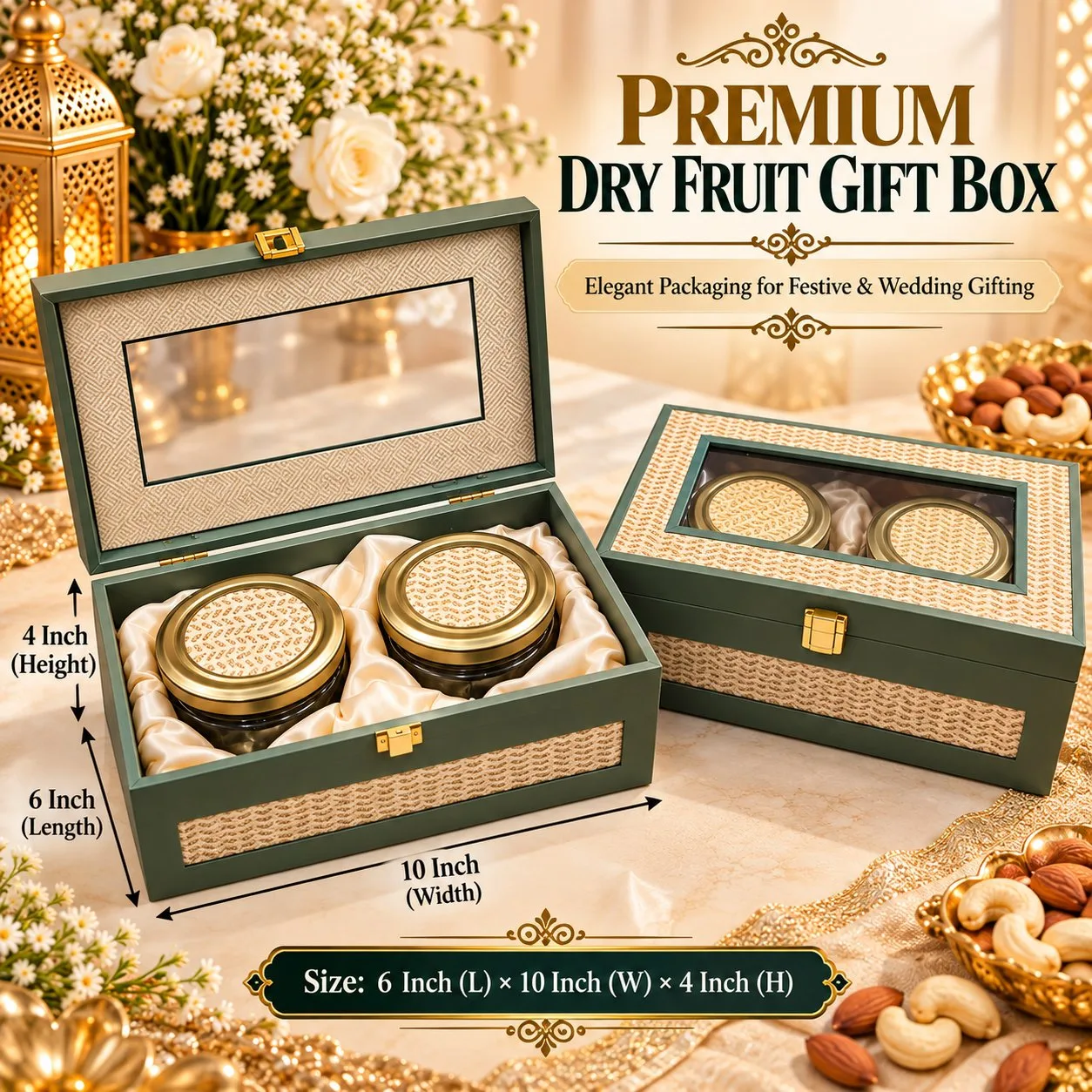 Premium Decorative Dry Fruit Gift Box with 2 Jars | Luxury Wedding & Festive Gift Hamper Box