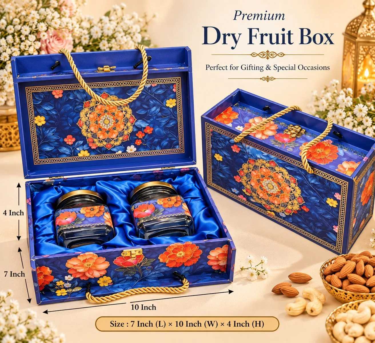 Premium Decorative Dry Fruit Gift Box with 2 Jars | Luxury Wedding & Festive Gift Hamper Box