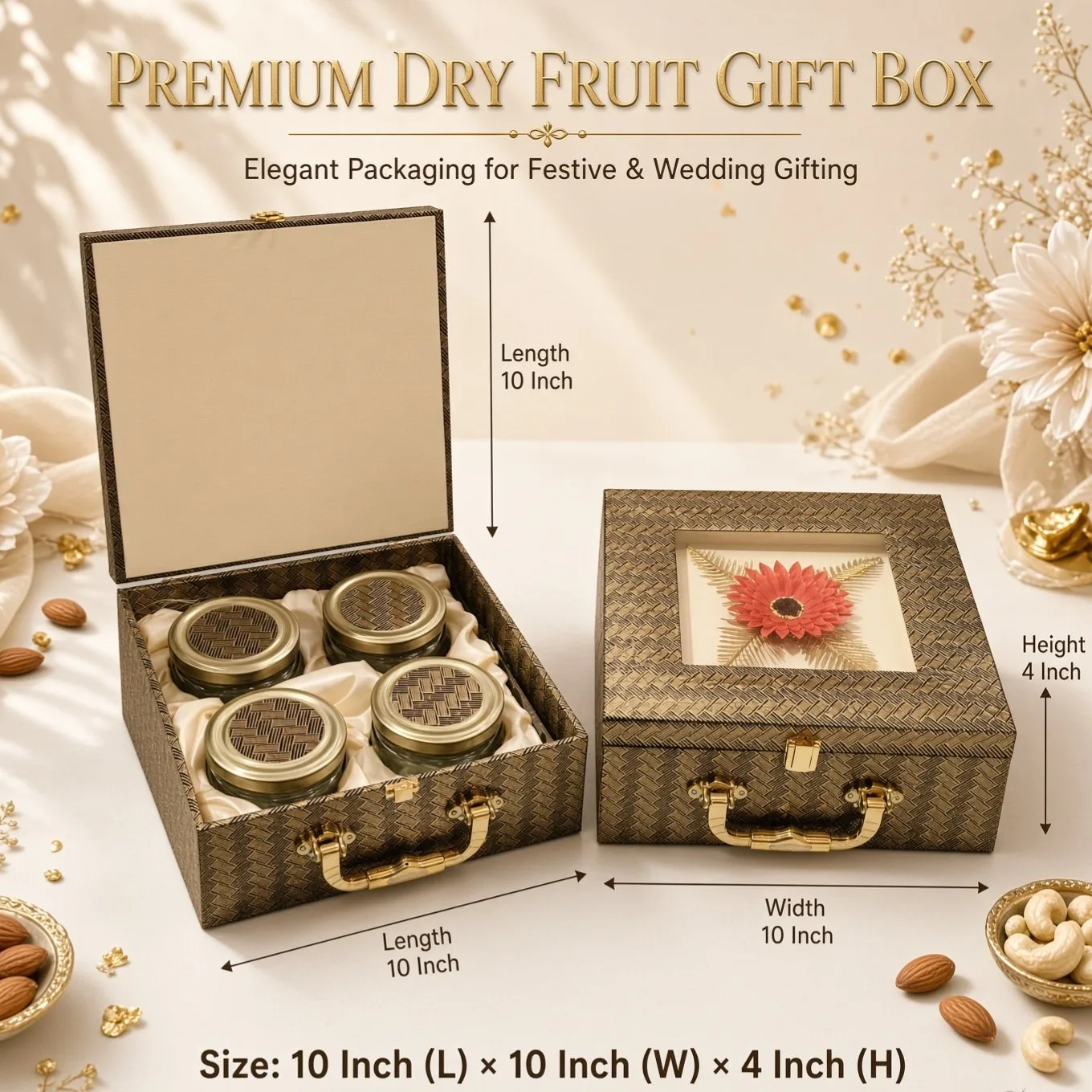 Premium Decorative Dry Fruit Gift Box with 4 Jars | Luxury Wedding & Festive Gift Hamper Box