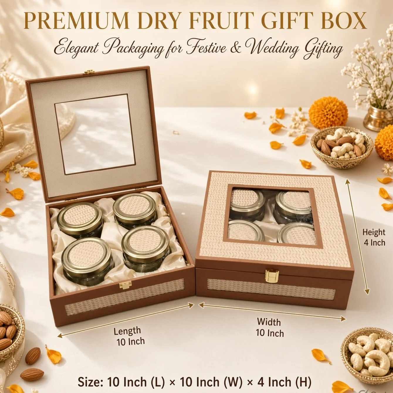 Premium Decorative Dry Fruit Gift Box with 4 Jars Luxury Wedding and Festive Gift Hamper Box