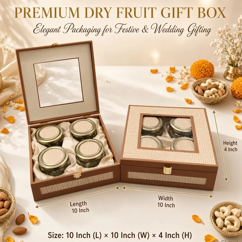 Premium Decorative Dry Fruit Gift Box with 4 Jars Luxury Wedding and Festive Gift Hampers Box