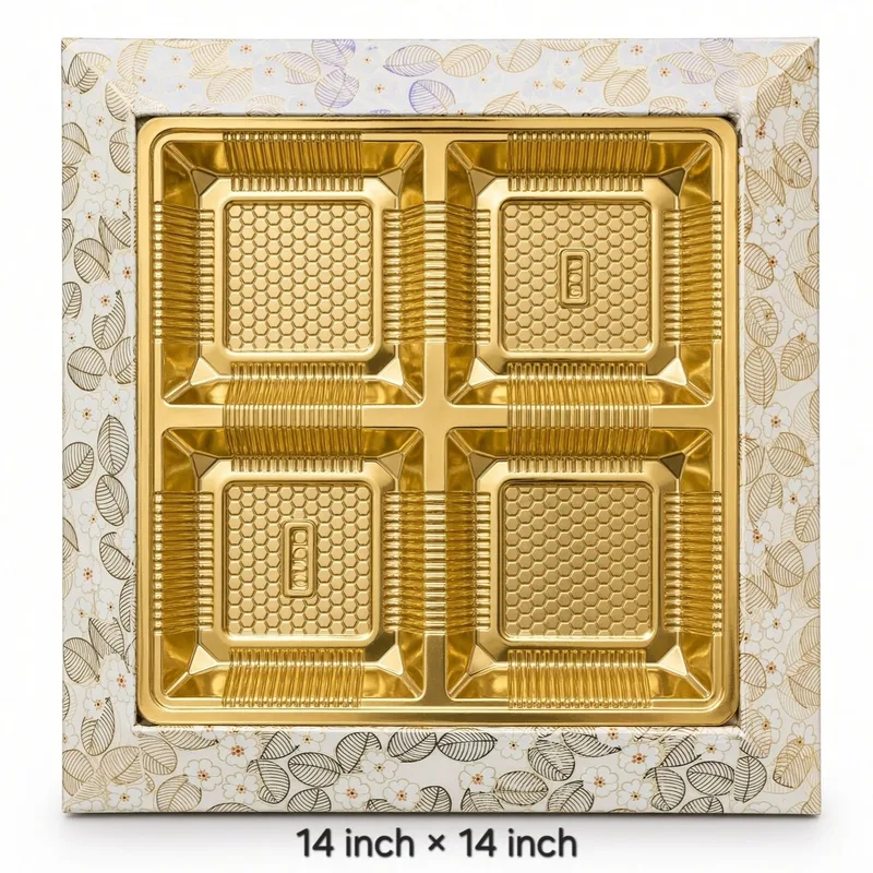 4 Partition Dry Fruit Packing Tray with Designer Border – 14 × 14 Inch