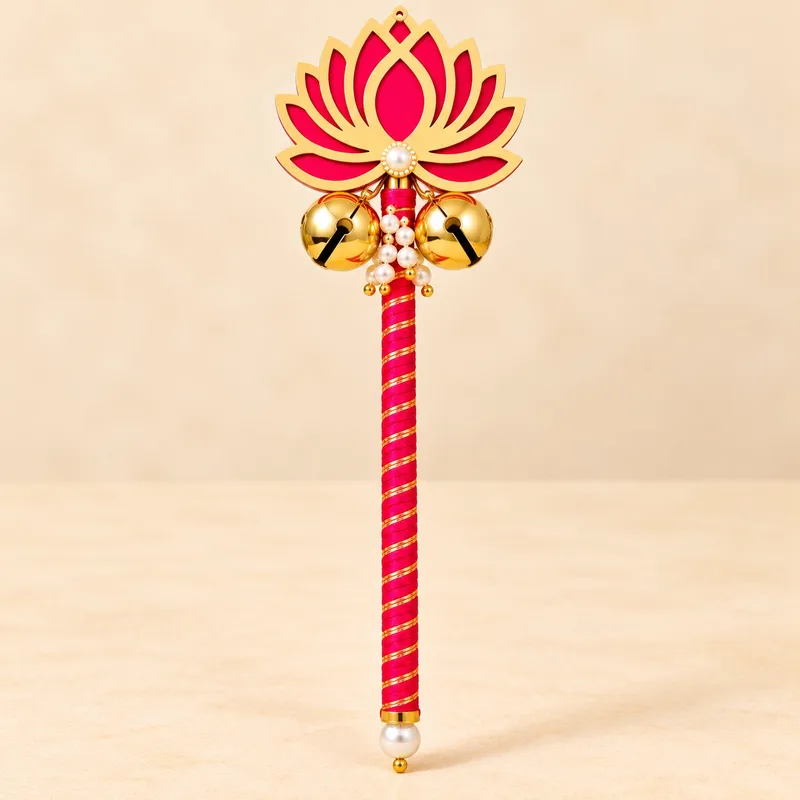 Wedding Bell Rattle Stick for Pheras & Varmala | Pink Lotus Design with Golden Bells | Traditional Indian Wedding Ceremony Accessory Pack of 10 pieces