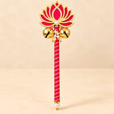 Wedding Bell Rattle Stick for Pheras & Varmala | Pink Lotus Design with Golden Bells | Traditional Indian Wedding Ceremony Accessory Pack of 10 pieces thumbnail 1