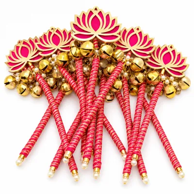 Wedding Bell Rattle Stick for Pheras & Varmala | Pink Lotus Design with Golden Bells | Traditional Indian Wedding Ceremony Accessory Pack of 10 pieces thumbnail 2