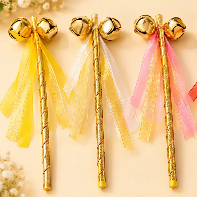 Golden Wedding Bell Rattle Stick with Colourful Ribbons | Phera & Varmala Ceremony Accessory | Pack of 10 multi colour