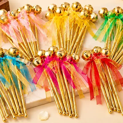 Golden Wedding Bell Rattle Stick with Colourful Ribbons | Phera & Varmala Ceremony Accessory | Pack of 10 multi colour thumbnail 2