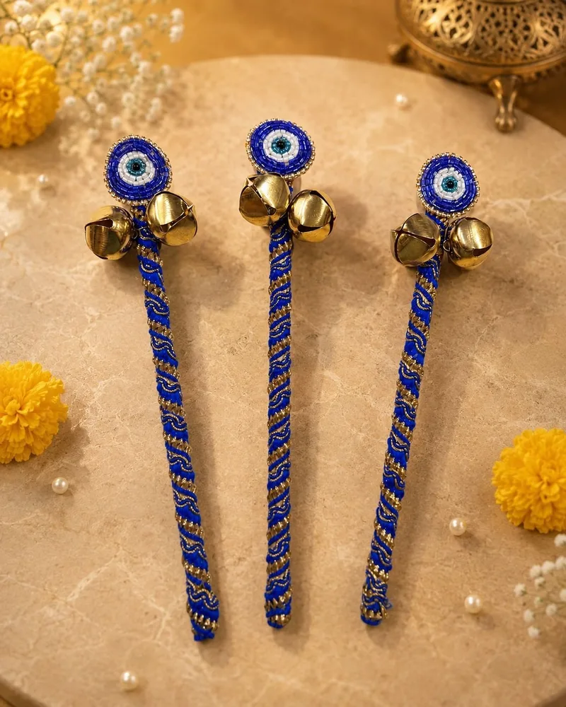 Blue Evil Eye Wedding Bell Stick for Pheras and Varmala Golden Bells Pack of 10