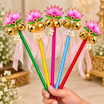 Pink Lotus Wedding Bell Stick with Ribbons | Phera & Varmala Ceremony Accessory | Pack of 10 thumbnail 1