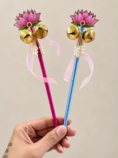 Pink Lotus Wedding Bell Stick with Ribbons | Phera & Varmala Ceremony Accessory | Pack of 10 thumbnail 2