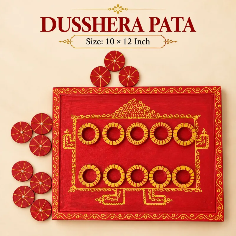 Dusshera Pata Wooden Pooja Board | Traditional Dussehra Pooja Accessory for Indian Homes | 10 × 12 Inch