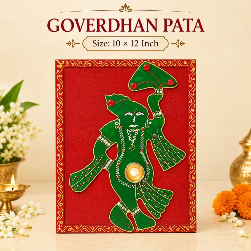Govardhan Pata for Govardhan Puja | Traditional Wooden Pooja Board for Krishna Puja | 10 × 12 Inch