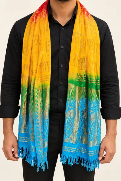 Swagat Chunni / Patka for Guest Welcome | Traditional Indian Welcome Dupatta for Wedding, Inauguration, Religious Functions & Events | Pack of 10 Pieces Radhe Radhe print thumbnail 1