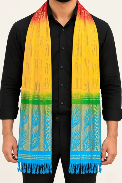 Swagat Chunni / Patka for Guest Welcome | Traditional Indian Welcome Dupatta for Wedding, Inauguration, Religious Functions & Events | Pack of 10 Pieces Radhe Radhe print thumbnail 2
